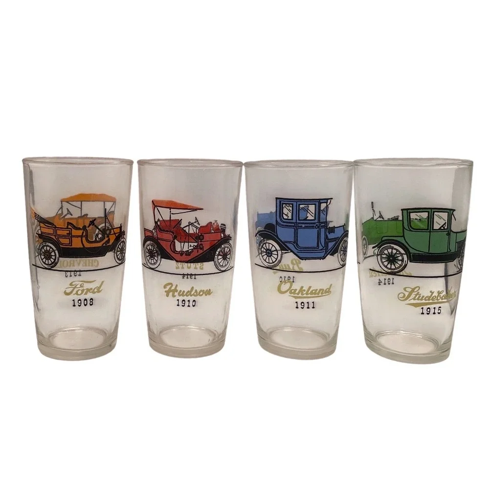 Vtg Hazel Atlas Old Timers Antique Car Glasses Set 4 Mid Century Barware 12oz